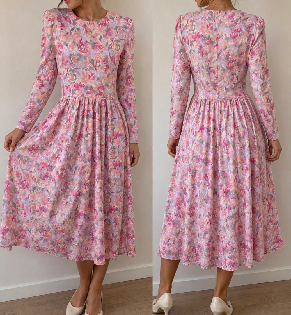 Vintage Timely Trends Floral Dress Pink Cottagecore USA Made Size 7